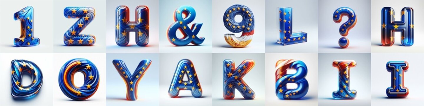 Glass letters shape in colors EU flag 3D Lettering Typeface. AI generated illustration