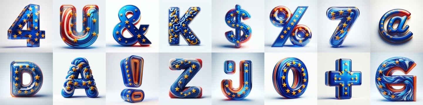 Glass letters shape in colors EU flag 3D Lettering Typeface. AI generated illustration