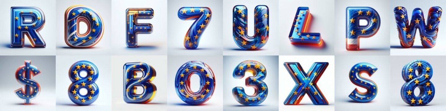Glass letters shape in colors EU flag 3D Lettering Typeface. AI generated illustration