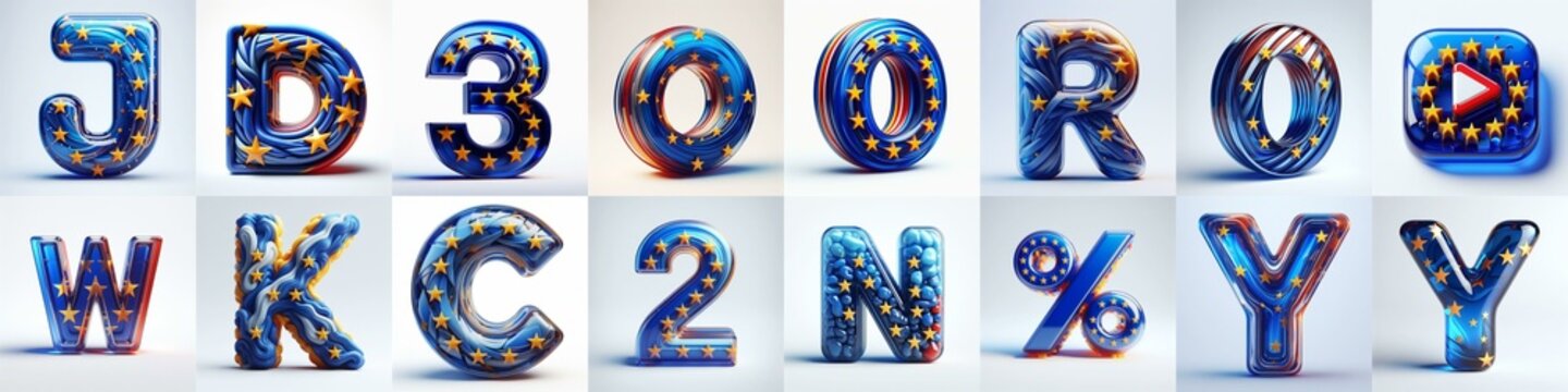 Glass letters shape in colors EU flag 3D Lettering Typeface. AI generated illustration