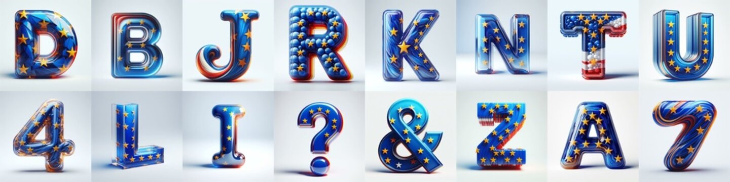 Glass letters shape in colors EU flag 3D Lettering Typeface. AI generated illustration