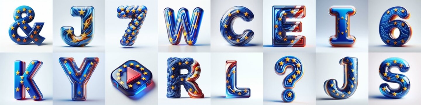 Glass letters shape in colors EU flag 3D Lettering Typeface. AI generated illustration