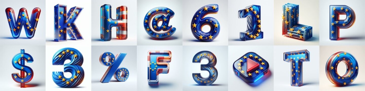 Glass letters shape in colors EU flag 3D Lettering Typeface. AI generated illustration