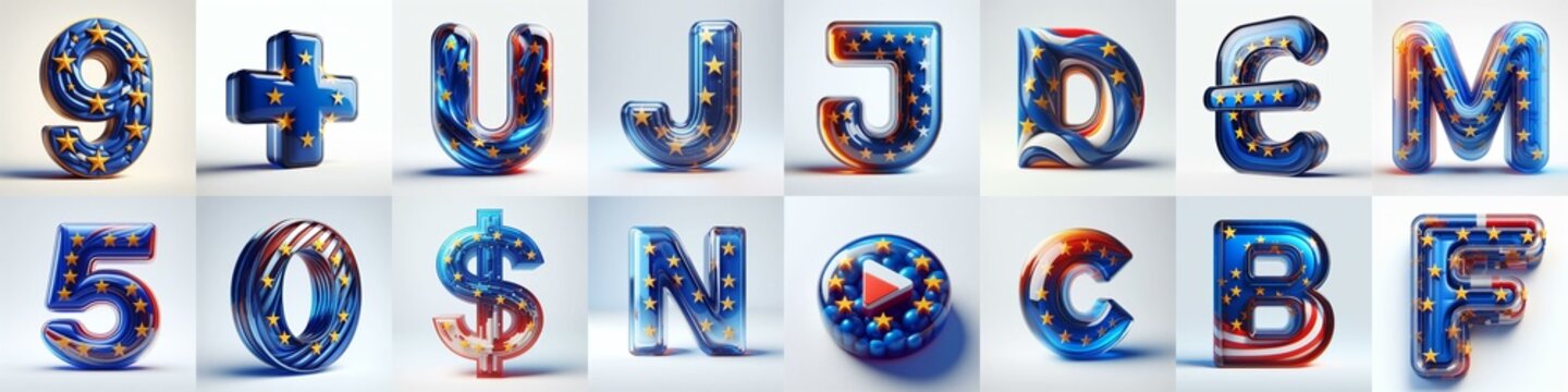 Glass letters shape in colors EU flag 3D Lettering Typeface. AI generated illustration