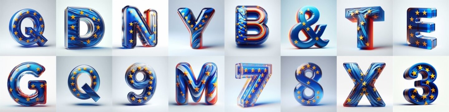 Glass letters shape in colors EU flag 3D Lettering Typeface. AI generated illustration