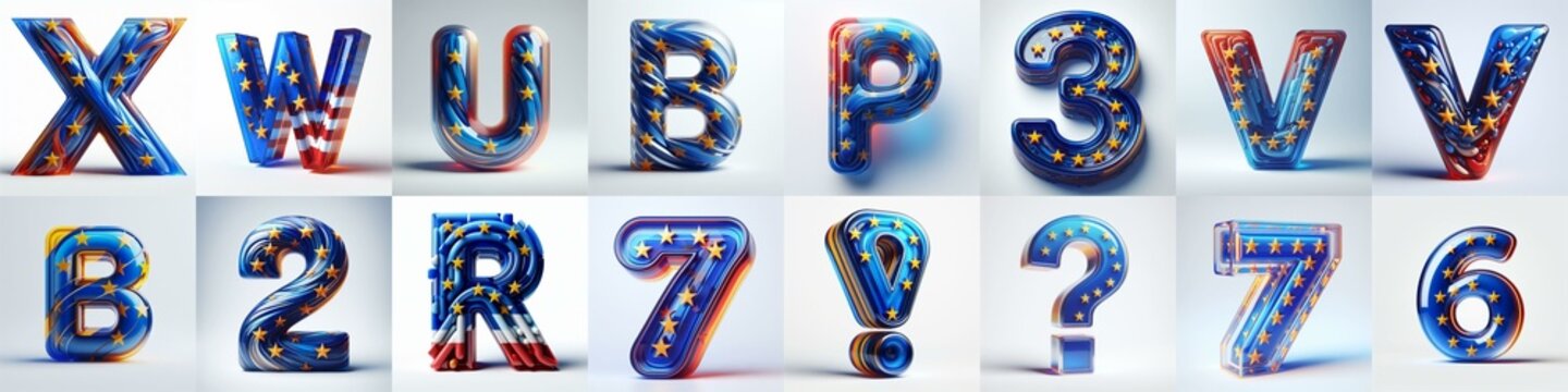 Glass letters shape in colors EU flag 3D Lettering Typeface. AI generated illustration