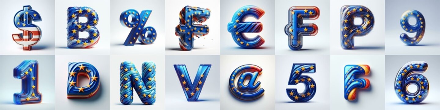 Glass letters shape in colors EU flag 3D Lettering Typeface. AI generated illustration