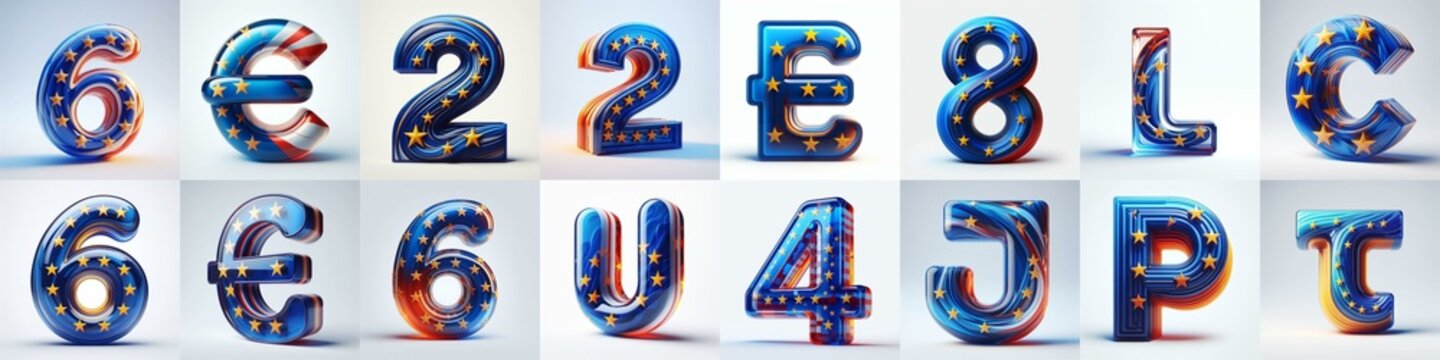 Glass letters shape in colors EU flag 3D Lettering Typeface. AI generated illustration