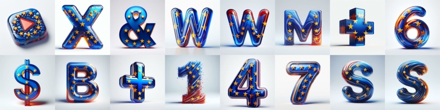 Glass letters shape in colors EU flag 3D Lettering Typeface. AI generated illustration