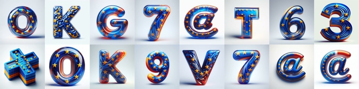 Glass letters shape in colors EU flag 3D Lettering Typeface. AI generated illustration