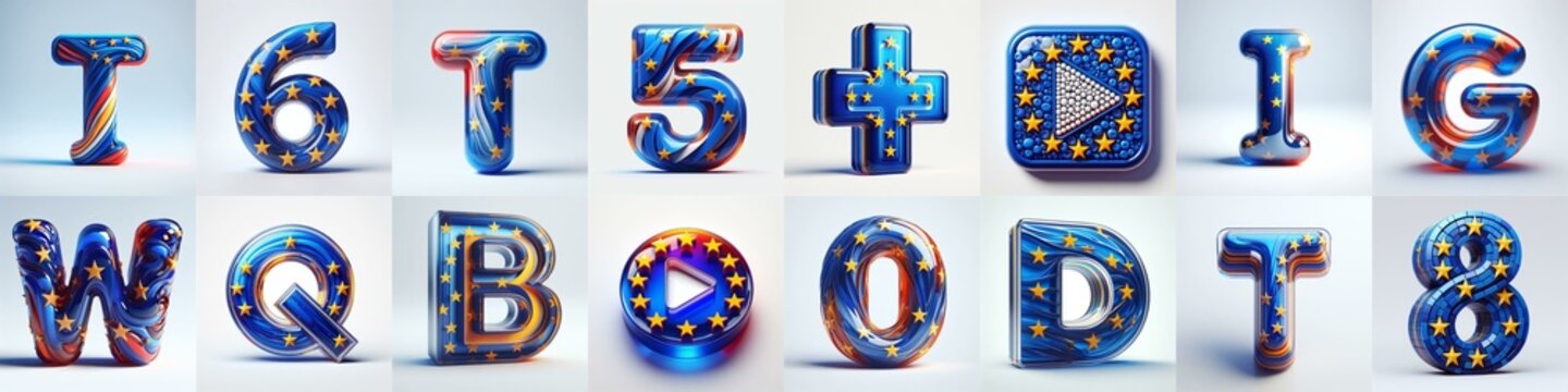 Glass letters shape in colors EU flag 3D Lettering Typeface. AI generated illustration