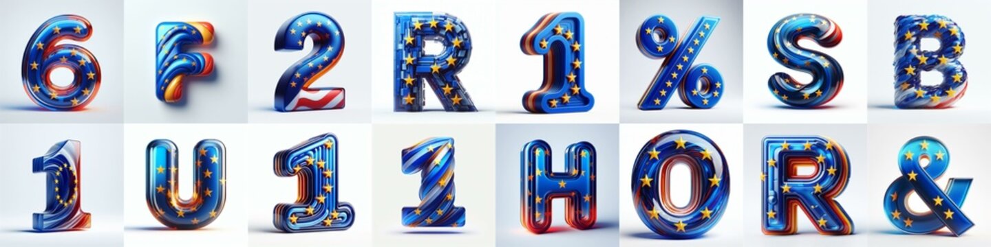 Glass letters shape in colors EU flag 3D Lettering Typeface. AI generated illustration
