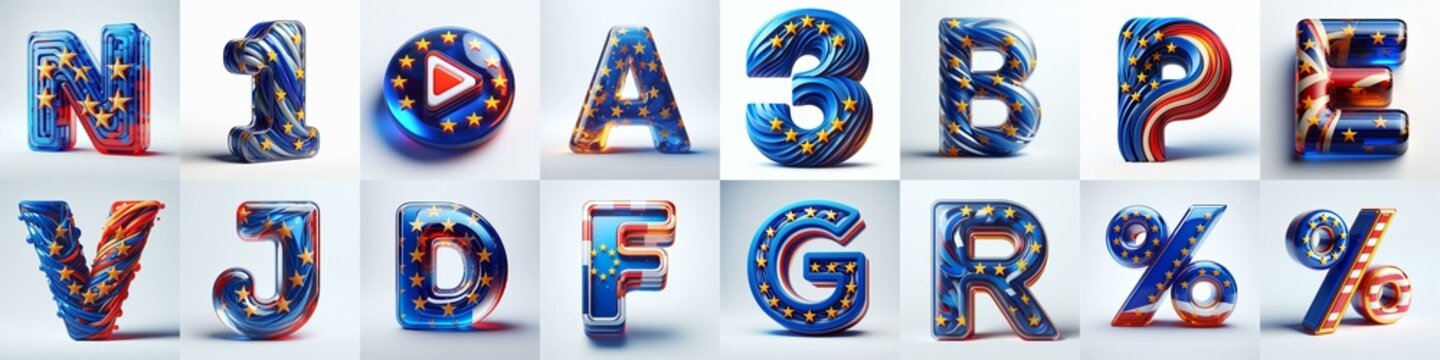 Glass letters shape in colors EU flag 3D Lettering Typeface. AI generated illustration