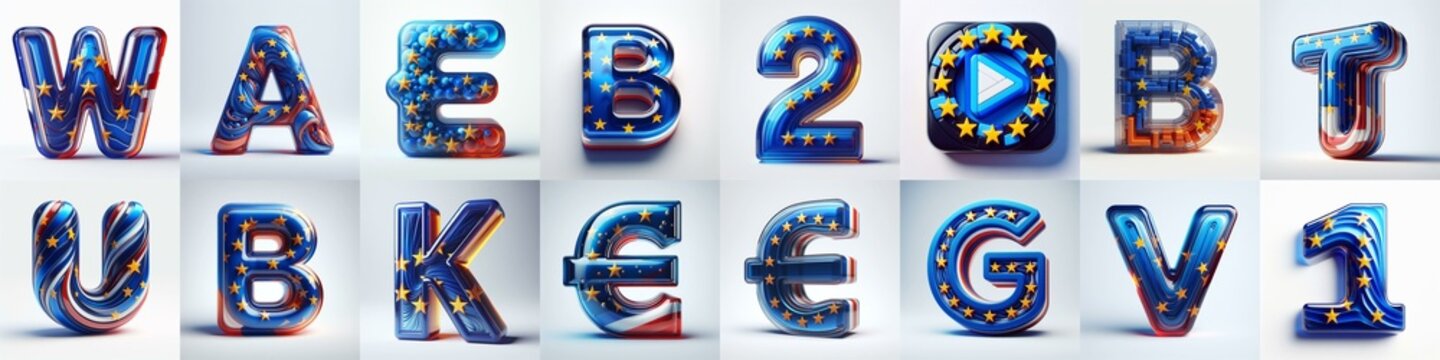 Glass letters shape in colors EU flag 3D Lettering Typeface. AI generated illustration