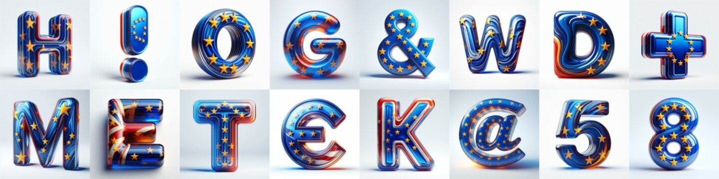 Glass letters shape in colors EU flag 3D Lettering Typeface. AI generated illustration