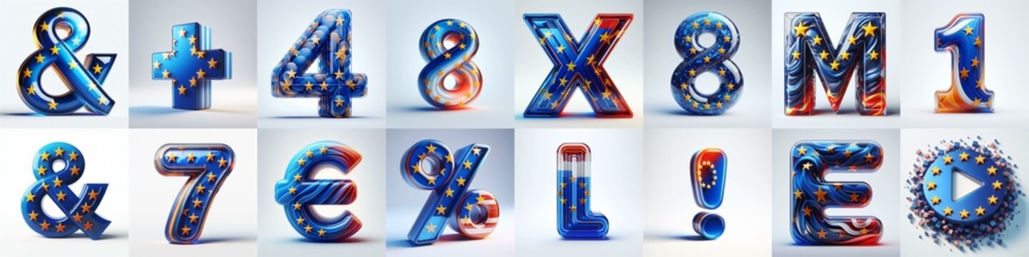 Glass letters shape in colors EU flag 3D Lettering Typeface. AI generated illustration