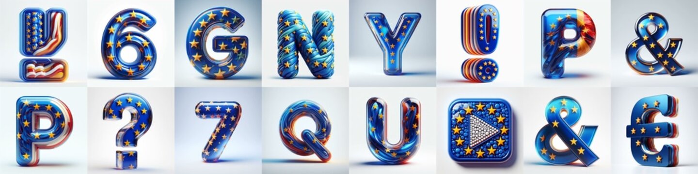 Glass letters shape in colors EU flag 3D Lettering Typeface. AI generated illustration