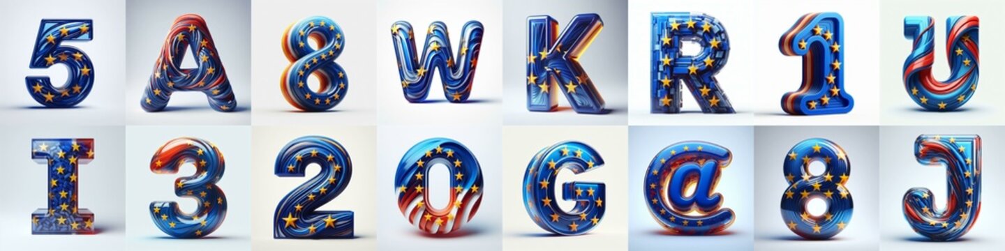 Glass letters shape in colors EU flag 3D Lettering Typeface. AI generated illustration