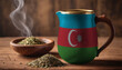 A teapot with the Azerbaijan flag printed on it is on the table, next to it is a mug of tea and green tea is scattered. Concept of tea business, friendship, partnership