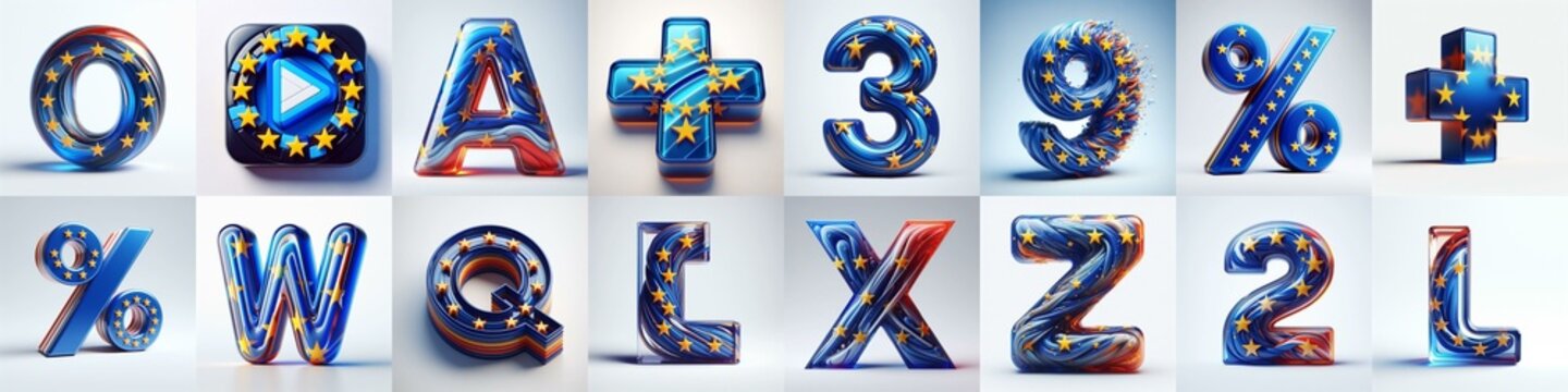 Glass letters shape in colors EU flag 3D Lettering Typeface. AI generated illustration