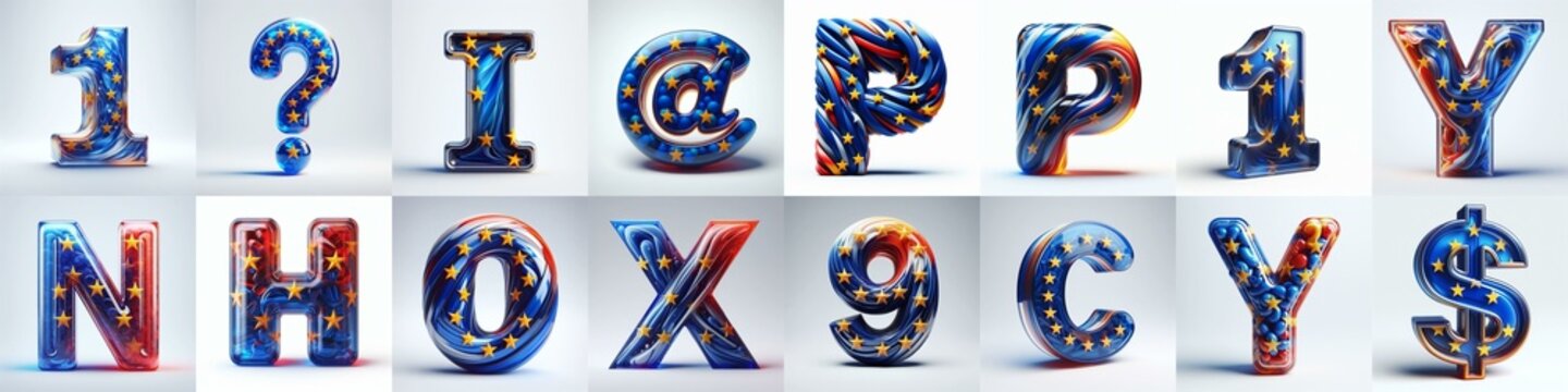 Glass letters shape in colors EU flag 3D Lettering Typeface. AI generated illustration
