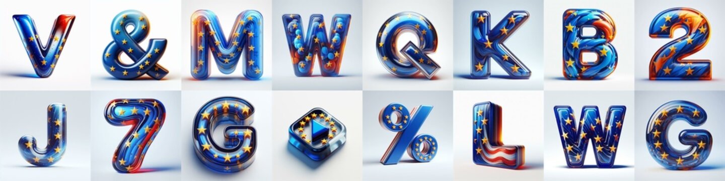 Glass letters shape in colors EU flag 3D Lettering Typeface. AI generated illustration