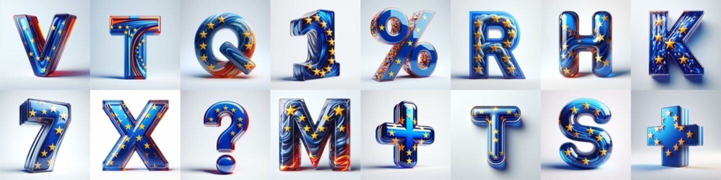 Glass letters shape in colors EU flag 3D Lettering Typeface. AI generated illustration