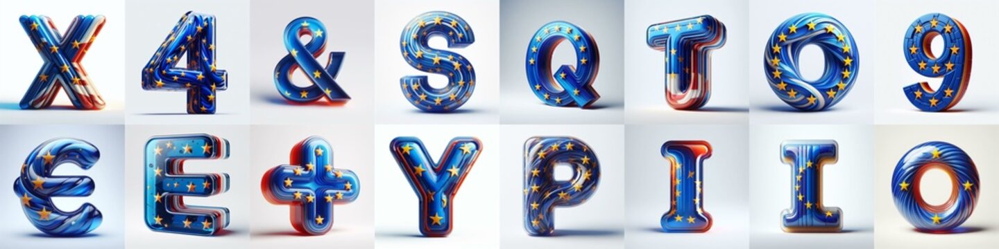 Glass letters shape in colors EU flag 3D Lettering Typeface. AI generated illustration