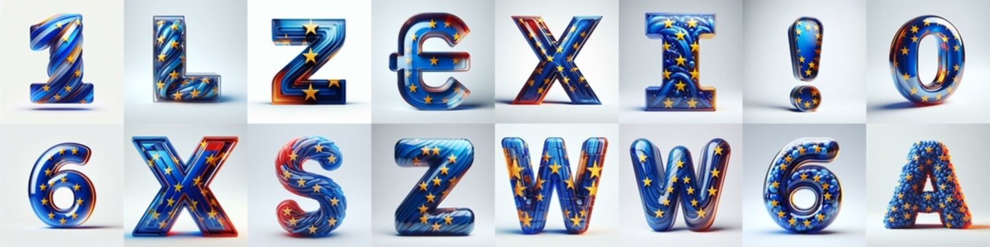 Glass letters shape in colors EU flag 3D Lettering Typeface. AI generated illustration