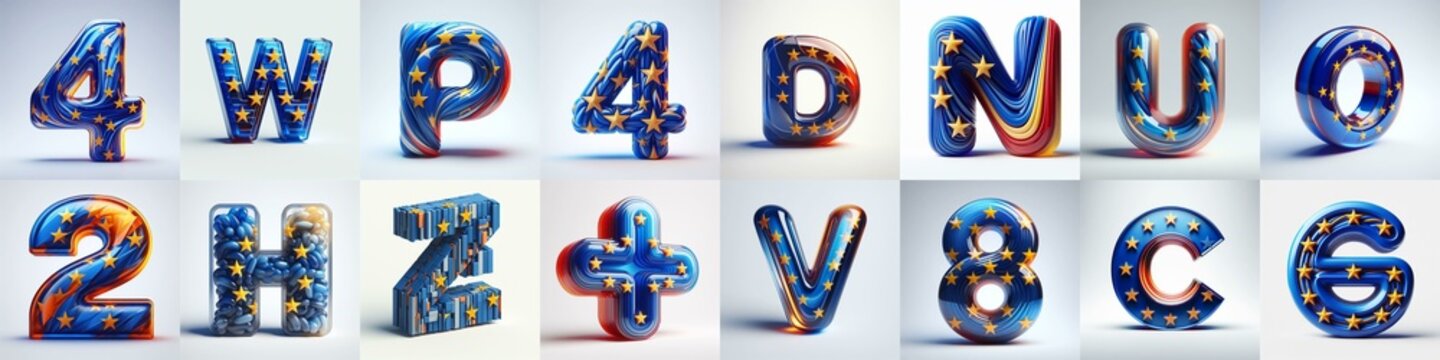 Glass letters shape in colors EU flag 3D Lettering Typeface. AI generated illustration