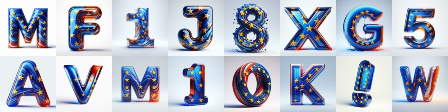 Glass letters shape in colors EU flag 3D Lettering Typeface. AI generated illustration