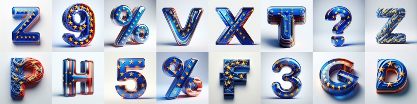 Glass letters shape in colors EU flag 3D Lettering Typeface. AI generated illustration
