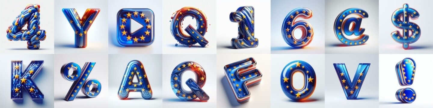 Glass letters shape in colors EU flag 3D Lettering Typeface. AI generated illustration