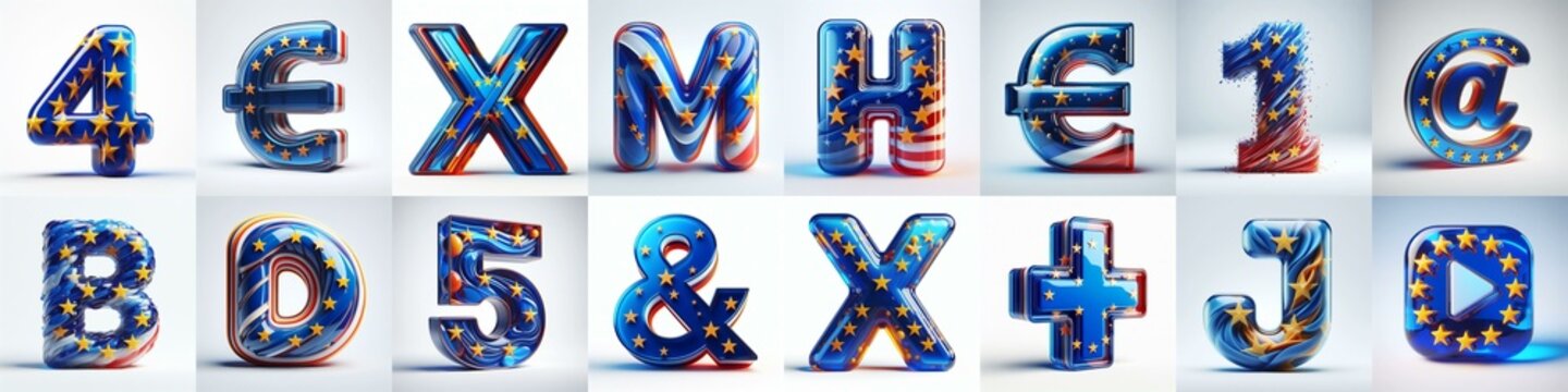 Glass letters shape in colors EU flag 3D Lettering Typeface. AI generated illustration