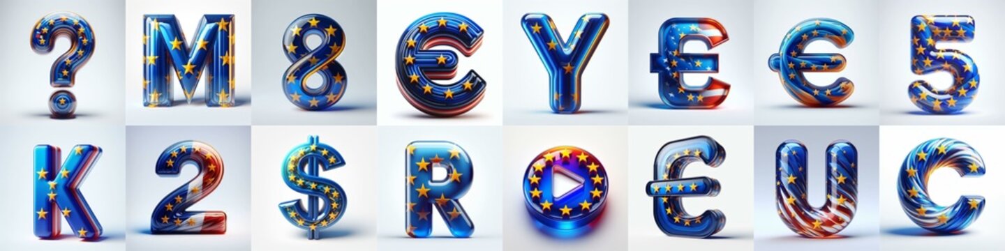 Glass letters shape in colors EU flag 3D Lettering Typeface. AI generated illustration