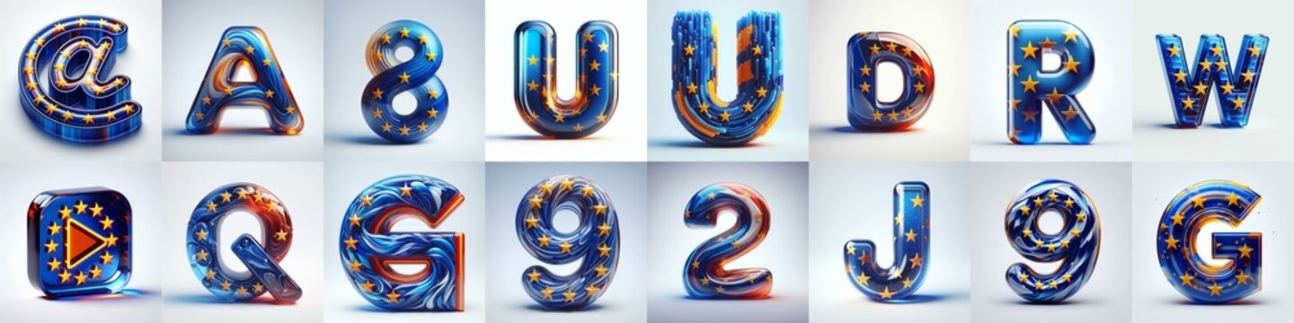 Glass letters shape in colors EU flag 3D Lettering Typeface. AI generated illustration