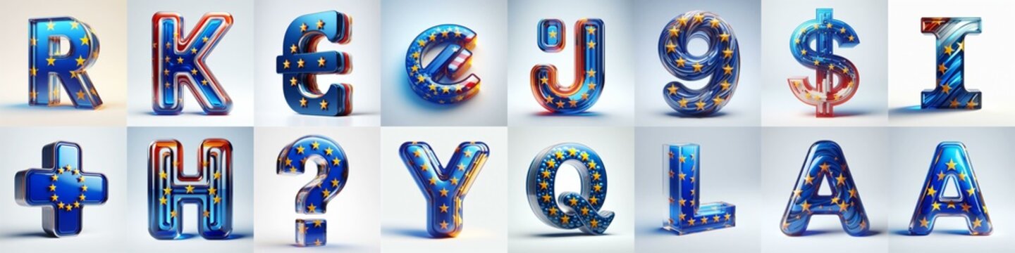 Glass letters shape in colors EU flag 3D Lettering Typeface. AI generated illustration