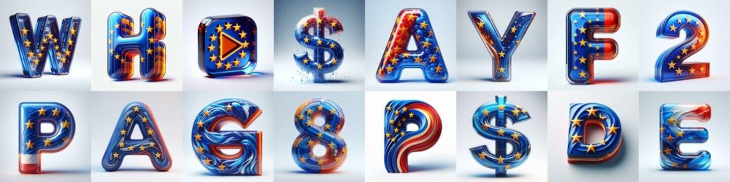 Glass letters shape in colors EU flag 3D Lettering Typeface. AI generated illustration