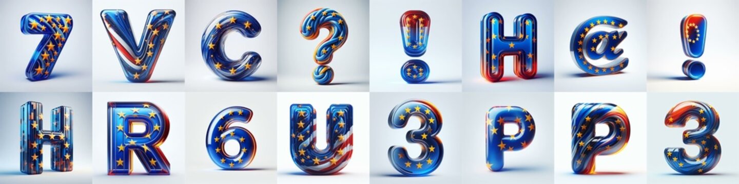 Glass letters shape in colors EU flag 3D Lettering Typeface. AI generated illustration