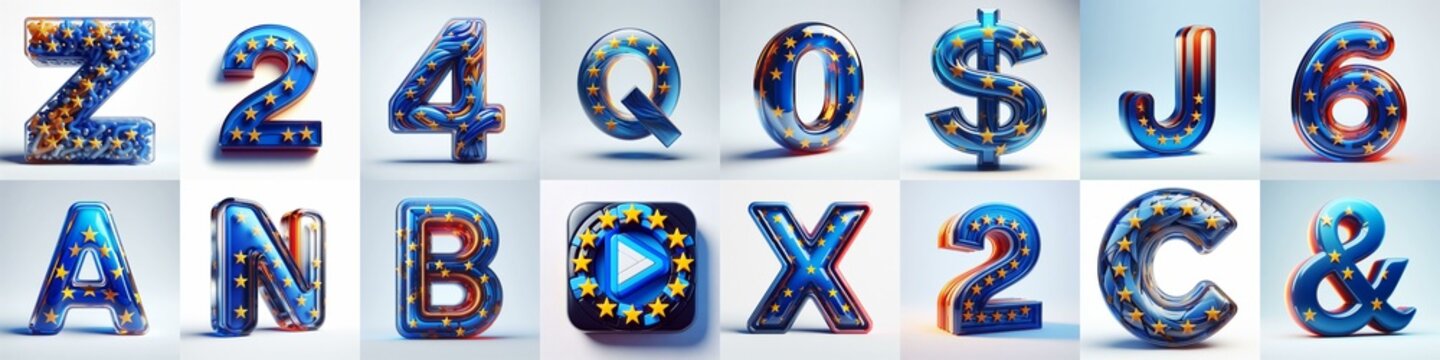 Glass letters shape in colors EU flag 3D Lettering Typeface. AI generated illustration