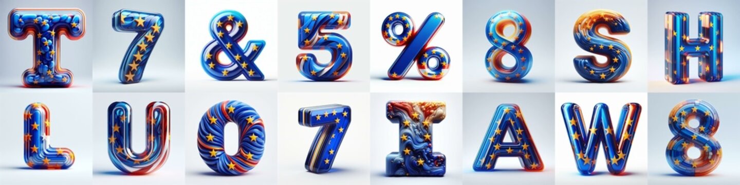 Glass letters shape in colors EU flag 3D Lettering Typeface. AI generated illustration