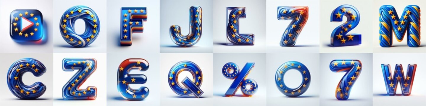 Glass letters shape in colors EU flag 3D Lettering Typeface. AI generated illustration