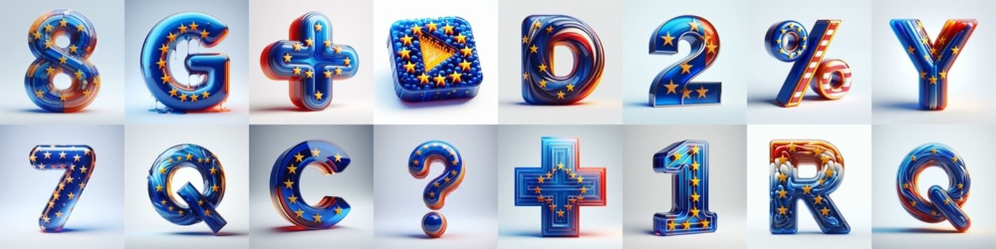 Glass letters shape in colors EU flag 3D Lettering Typeface. AI generated illustration