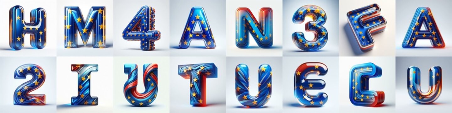 Glass letters shape in colors EU flag 3D Lettering Typeface. AI generated illustration