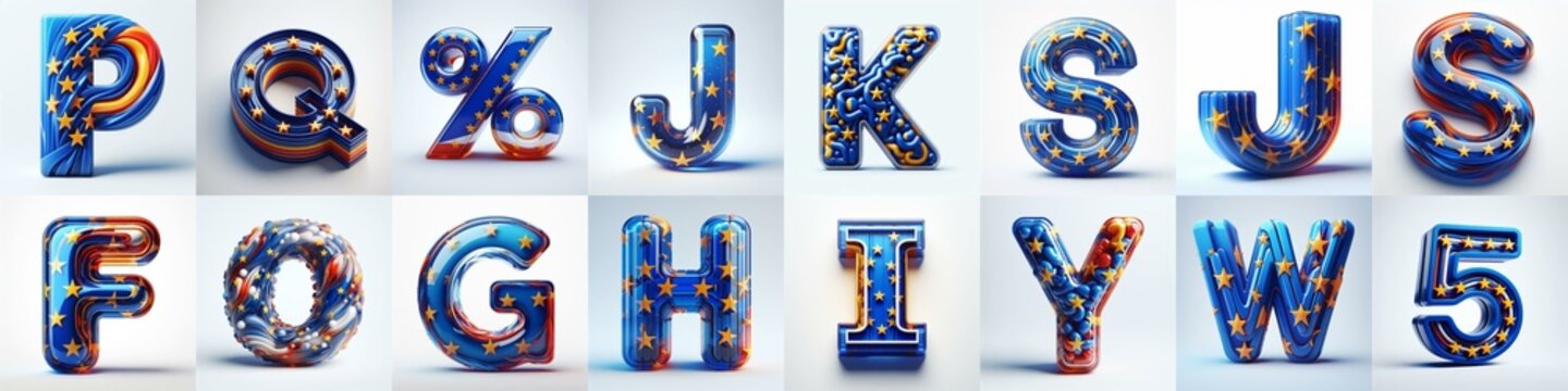 Glass letters shape in colors EU flag 3D Lettering Typeface. AI generated illustration