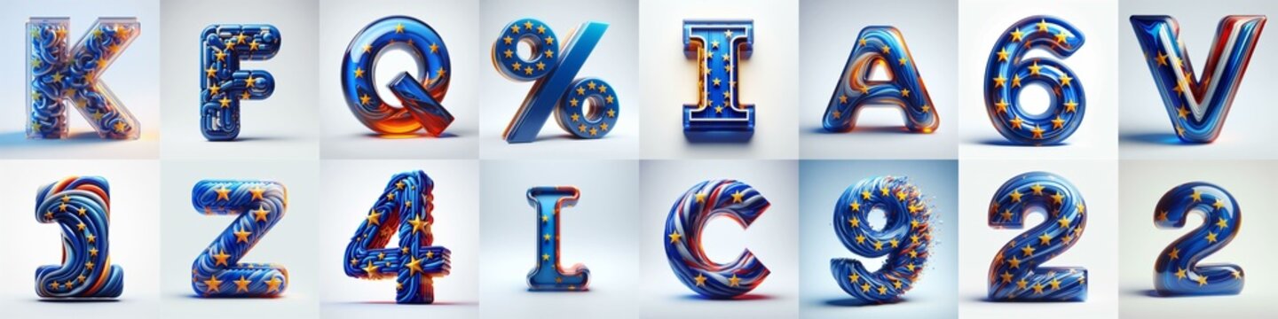 Glass letters shape in colors EU flag 3D Lettering Typeface. AI generated illustration