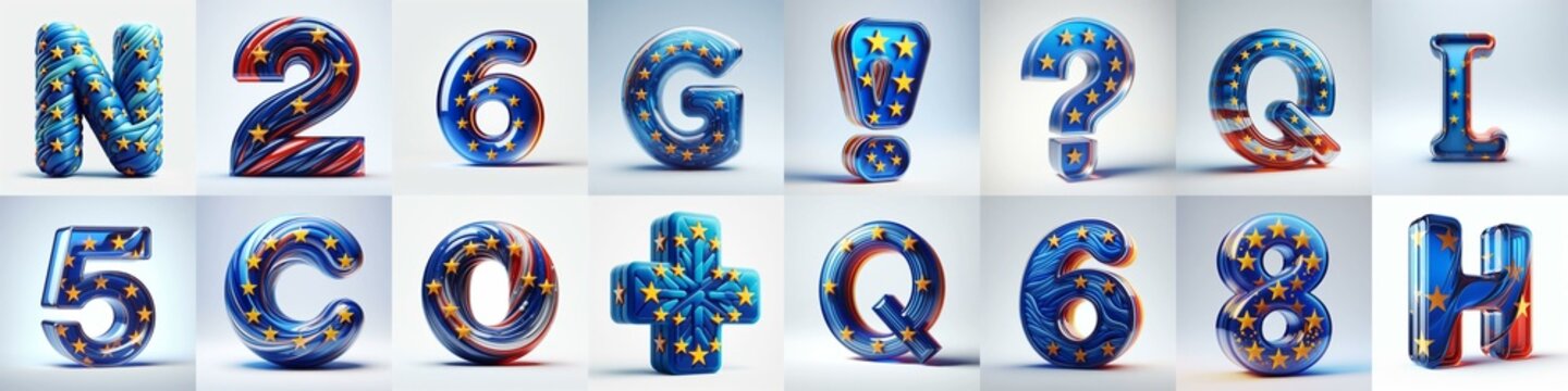 Glass letters shape in colors EU flag 3D Lettering Typeface. AI generated illustration