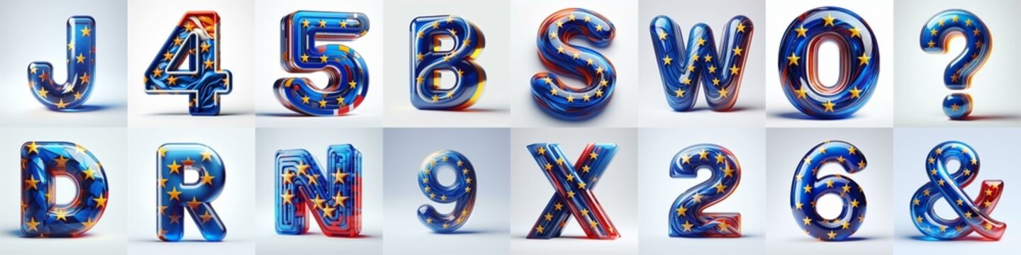 Glass letters shape in colors EU flag 3D Lettering Typeface. AI generated illustration
