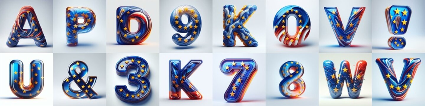 Glass letters shape in colors EU flag 3D Lettering Typeface. AI generated illustration