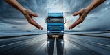 Fototapeta Londyn - Hands Form a Protective Arch Over a Mercedes Truck, Symbolizing Safety and Assurance in Transportation, Generative AI
